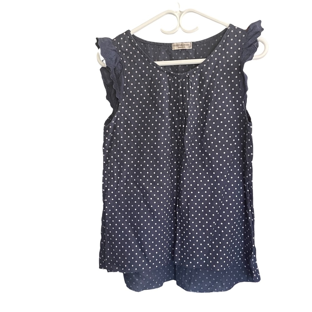 Tezro Millennio Italy 100% Linen Tunic Style Top Size S Blue & White Polkadot
